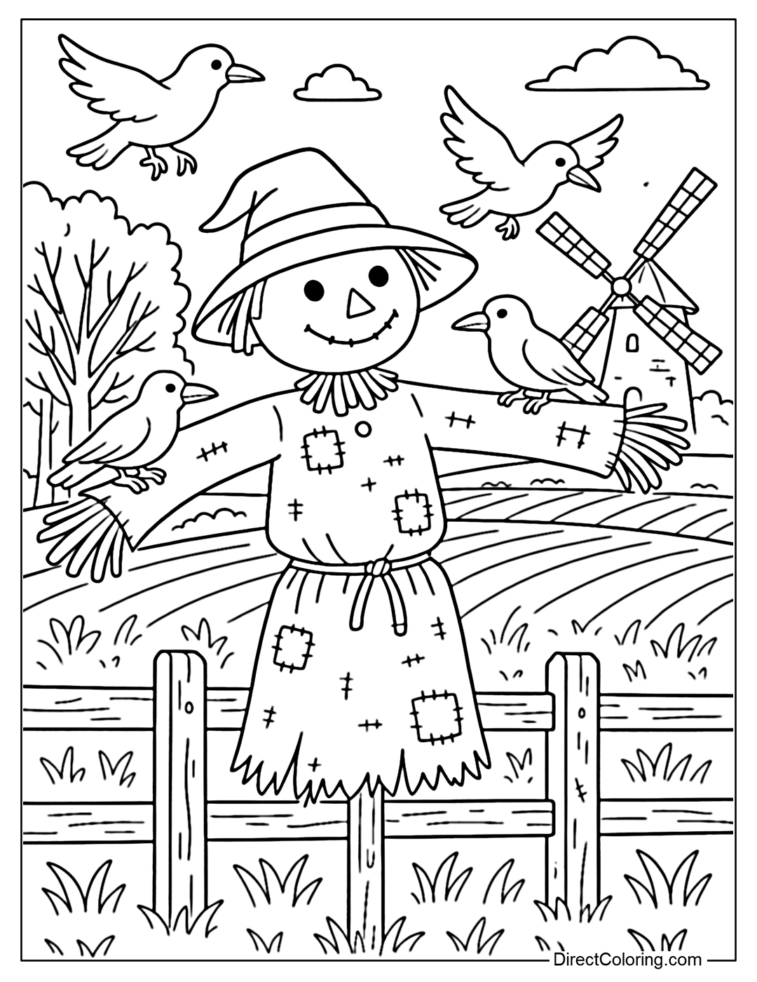 Scarecrow coloring page leaning against a wooden fence, a few crows perched on its shoulders and flying around, behind it are tall trees and a large windmill