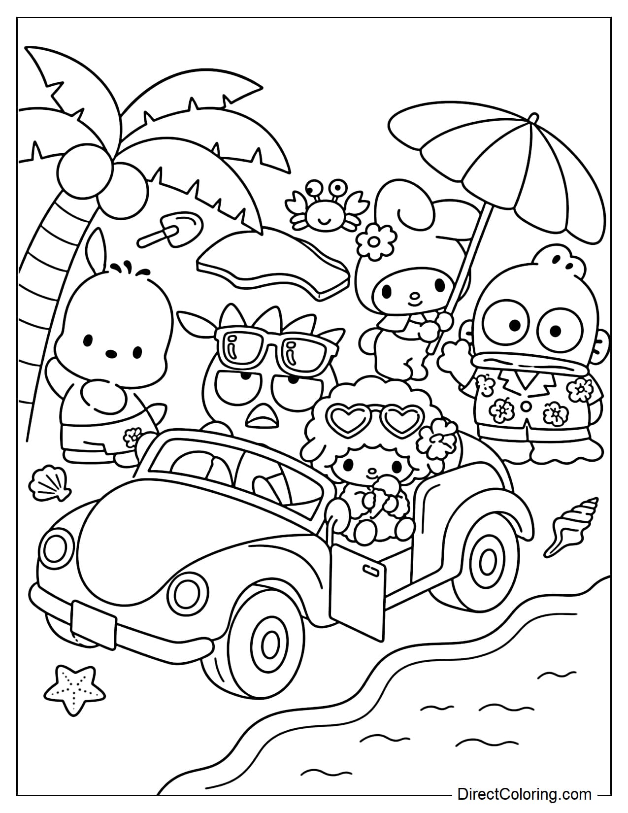 The Sanrio characters are enjoying a day at the beach. Badtz-Maru and My Sweet Piano are sitting in a convertible, Pochacco is standing next to a coconut tree, My Melody is holding a sun umbrella, and Hangyodon is wearing a Hawaiian shirt.
