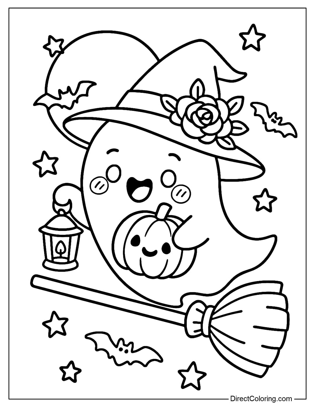 Coloring page of a lovely ghost wearing a wide-brimmed witch hat decorated with roses, holding a lantern, flying on a broom.