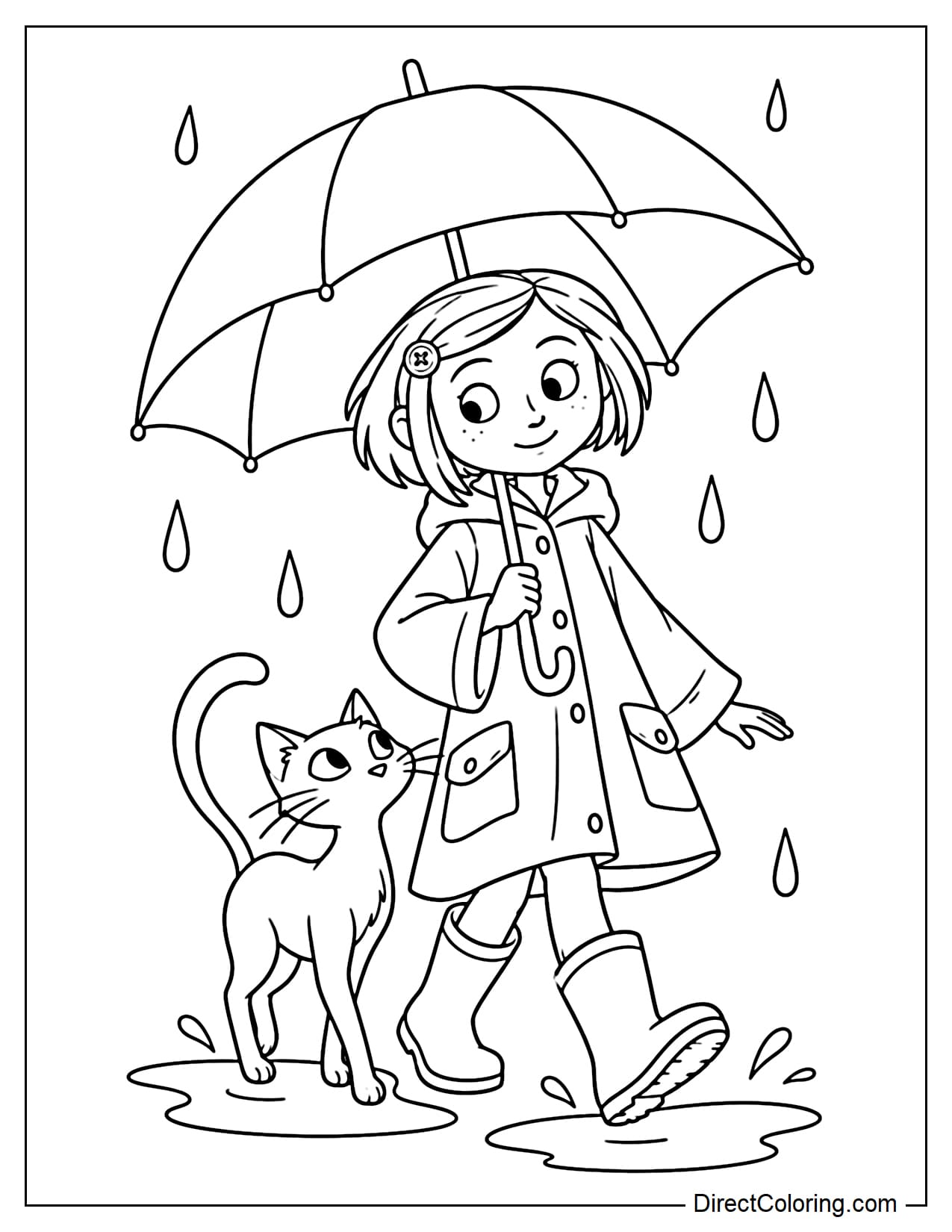 Coraline walks in her raincoat and boots beneath a large umbrella, while the cat stays close beside her and looks up at her.