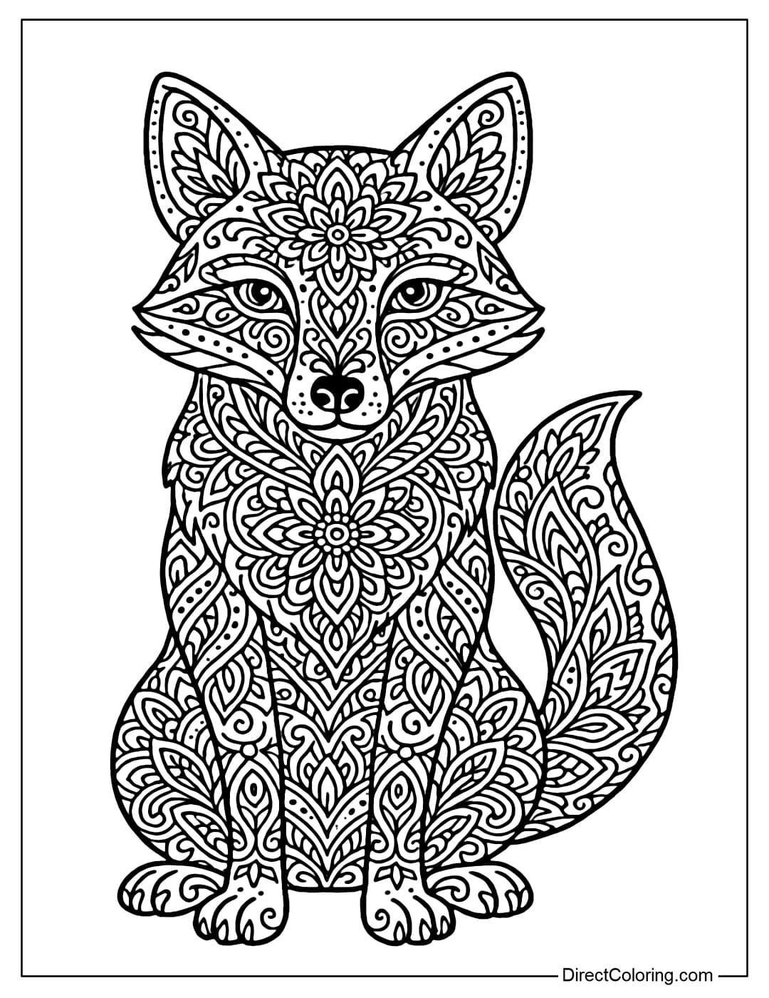 A coloring page of a fox sitting solemnly, its whole body covered with detailed mandala patterns, balanced, suitable for adults who love relaxing coloring.