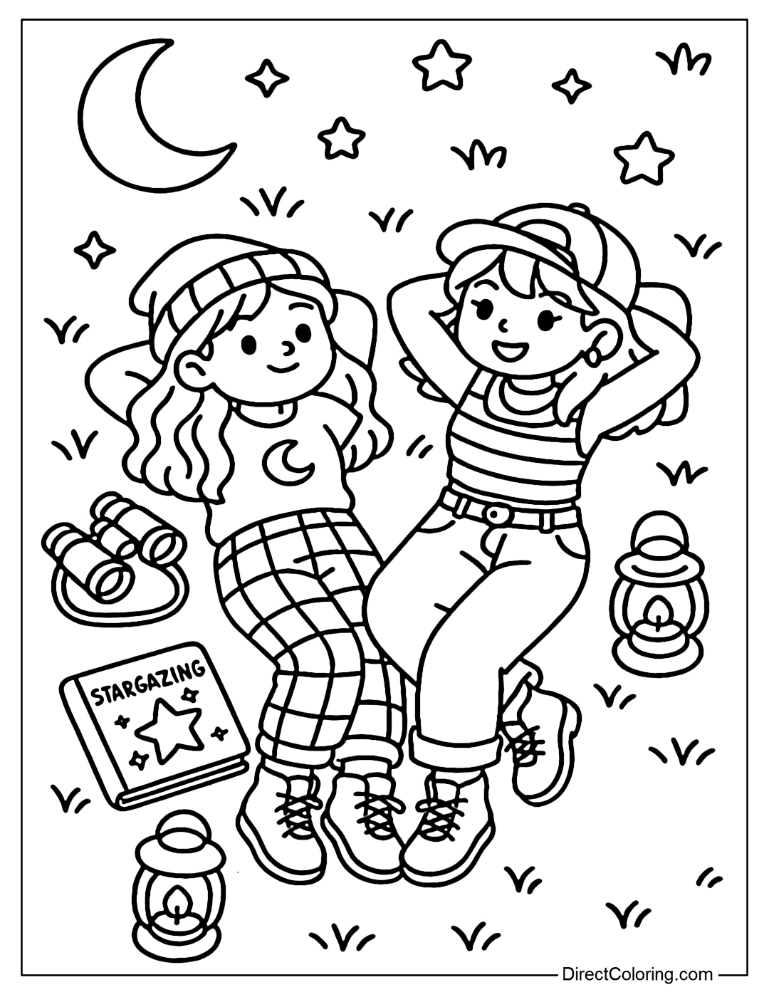 Coloring page of two girls lying on the grass watching the stars, with binoculars, astronomy books and small lanterns.