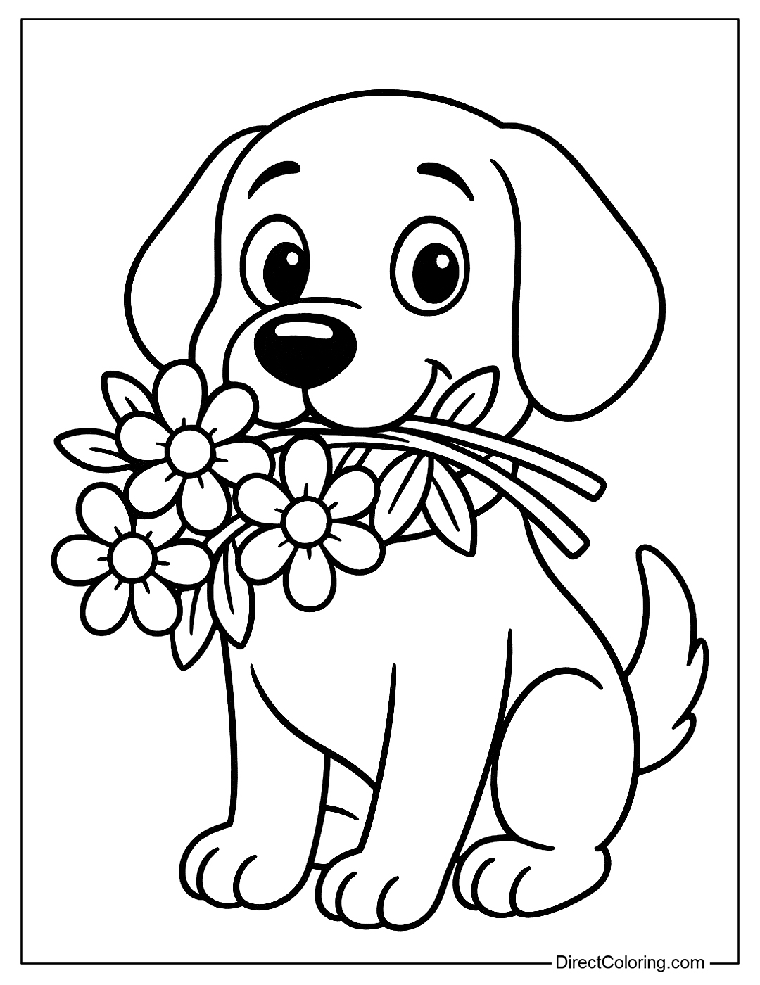 A Dog Holding a Bouquet of Flowers Coloring