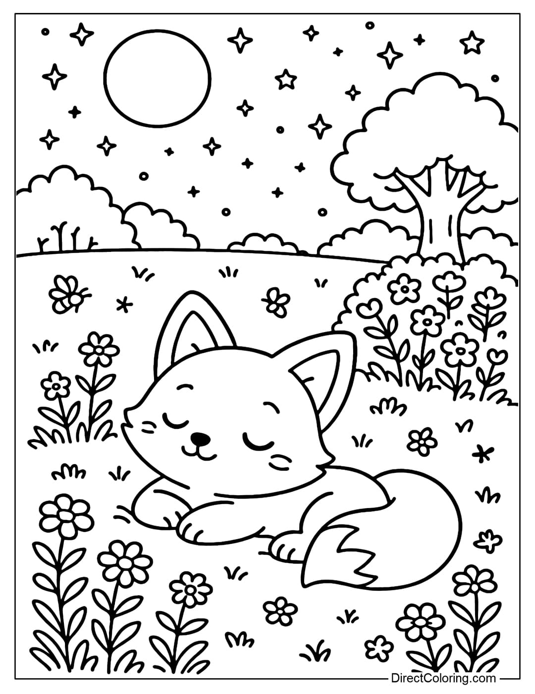 Coloring page of a little fox relaxing in a flower garden, looking up at the sparkling starry sky.