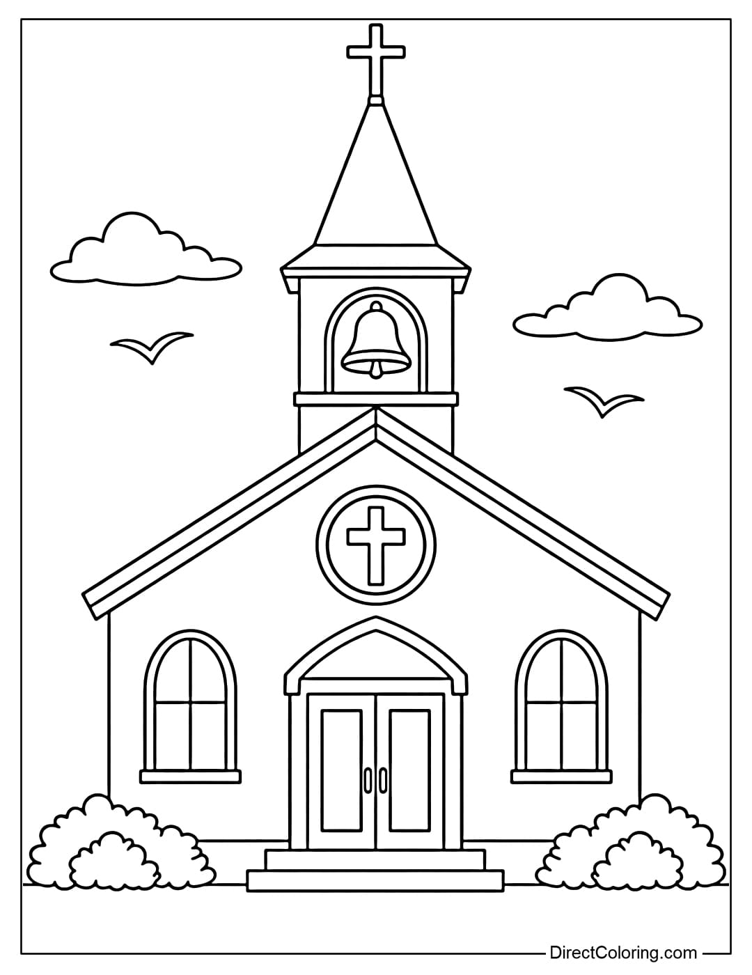 Coloring page of a church with simple arched windows on either side.