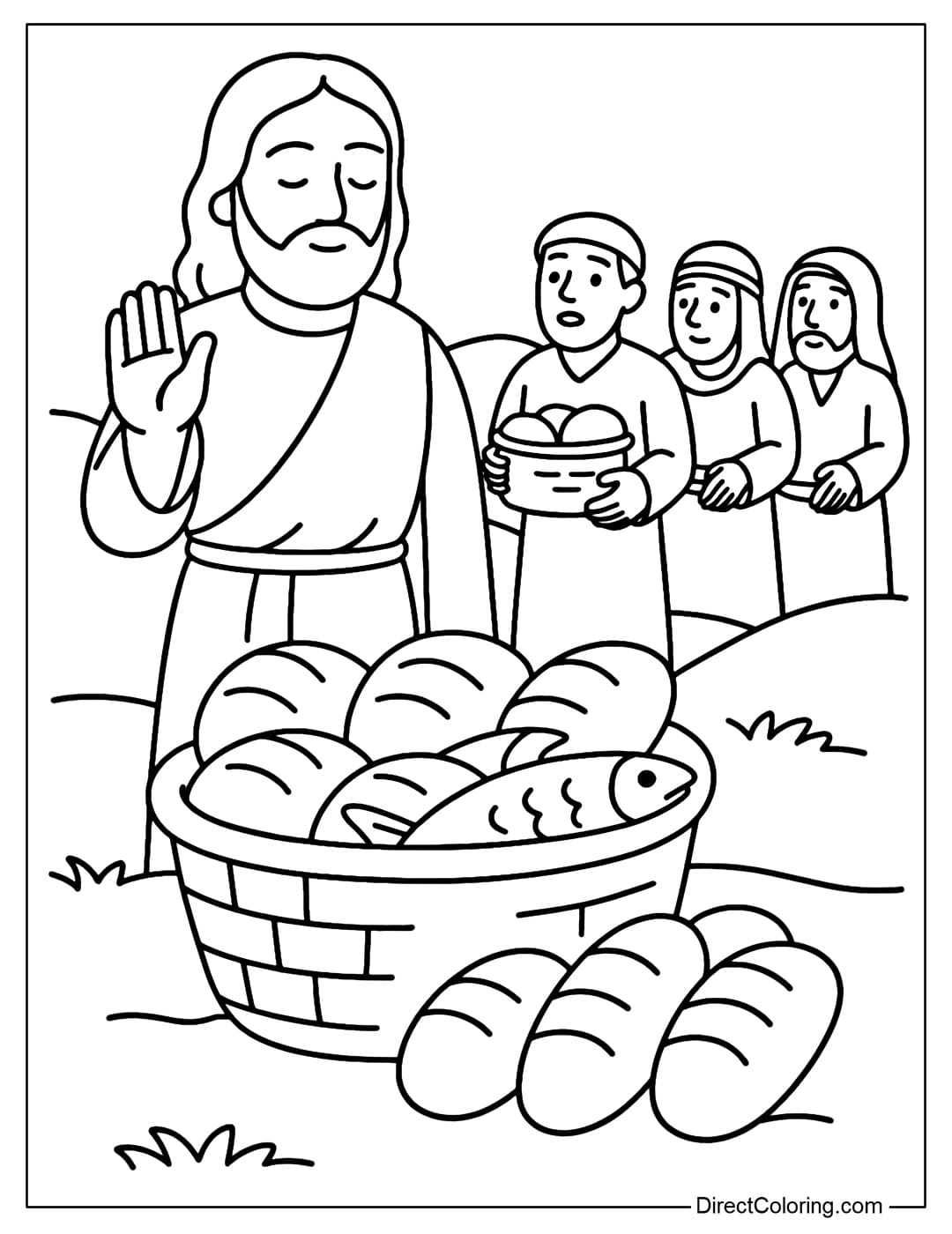 Bread and fish color page in the foreground, Jesus standing behind giving blessings.