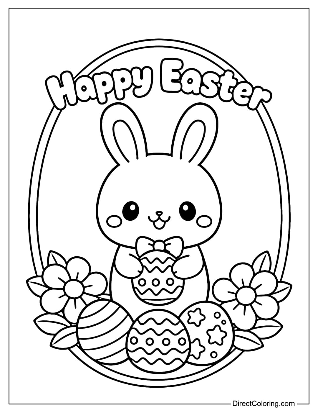 This coloring page shows an Easter bunny standing inside an oval frame with the words 