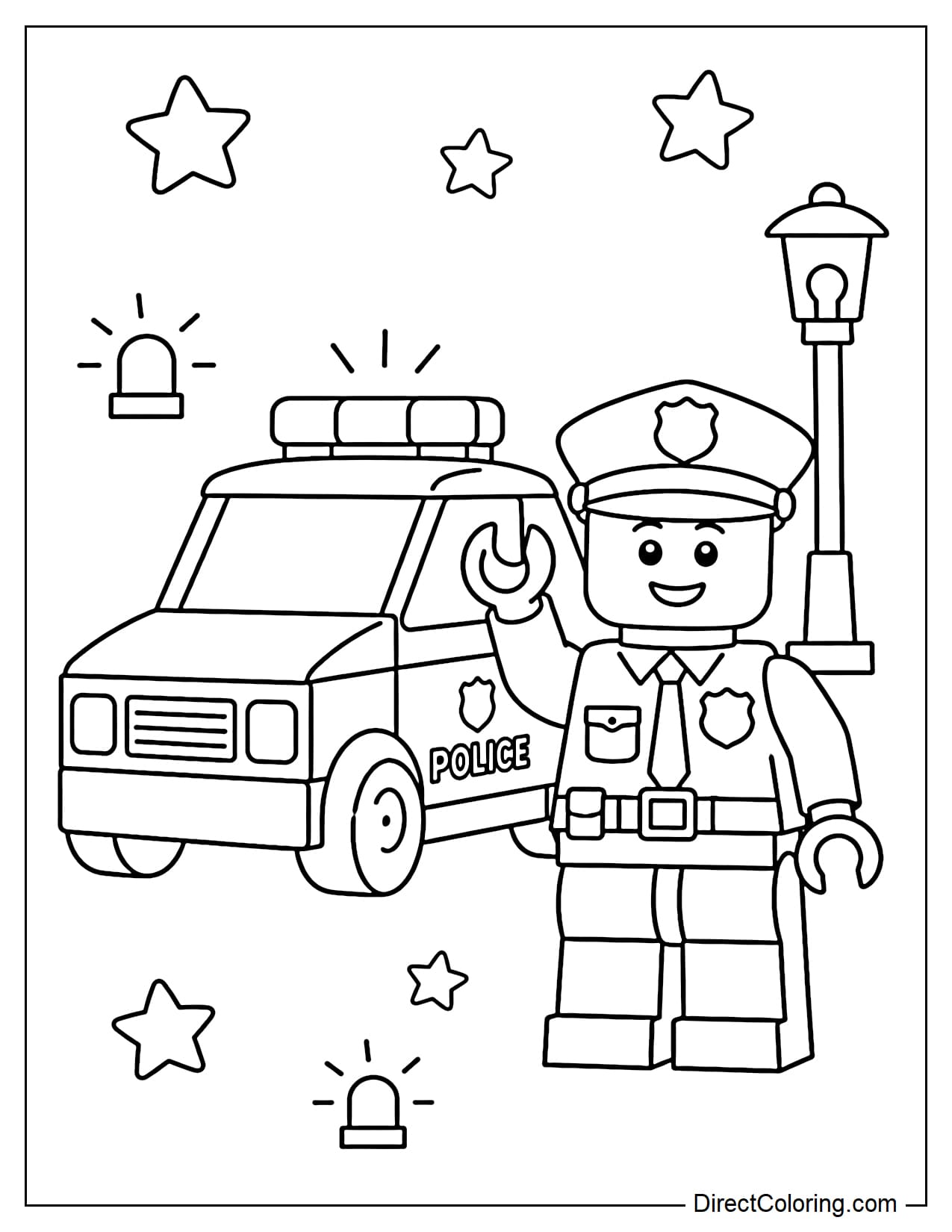 A LEGO police officer is waving in a friendly manner in front of a simple police car, with a few stars and small lights.