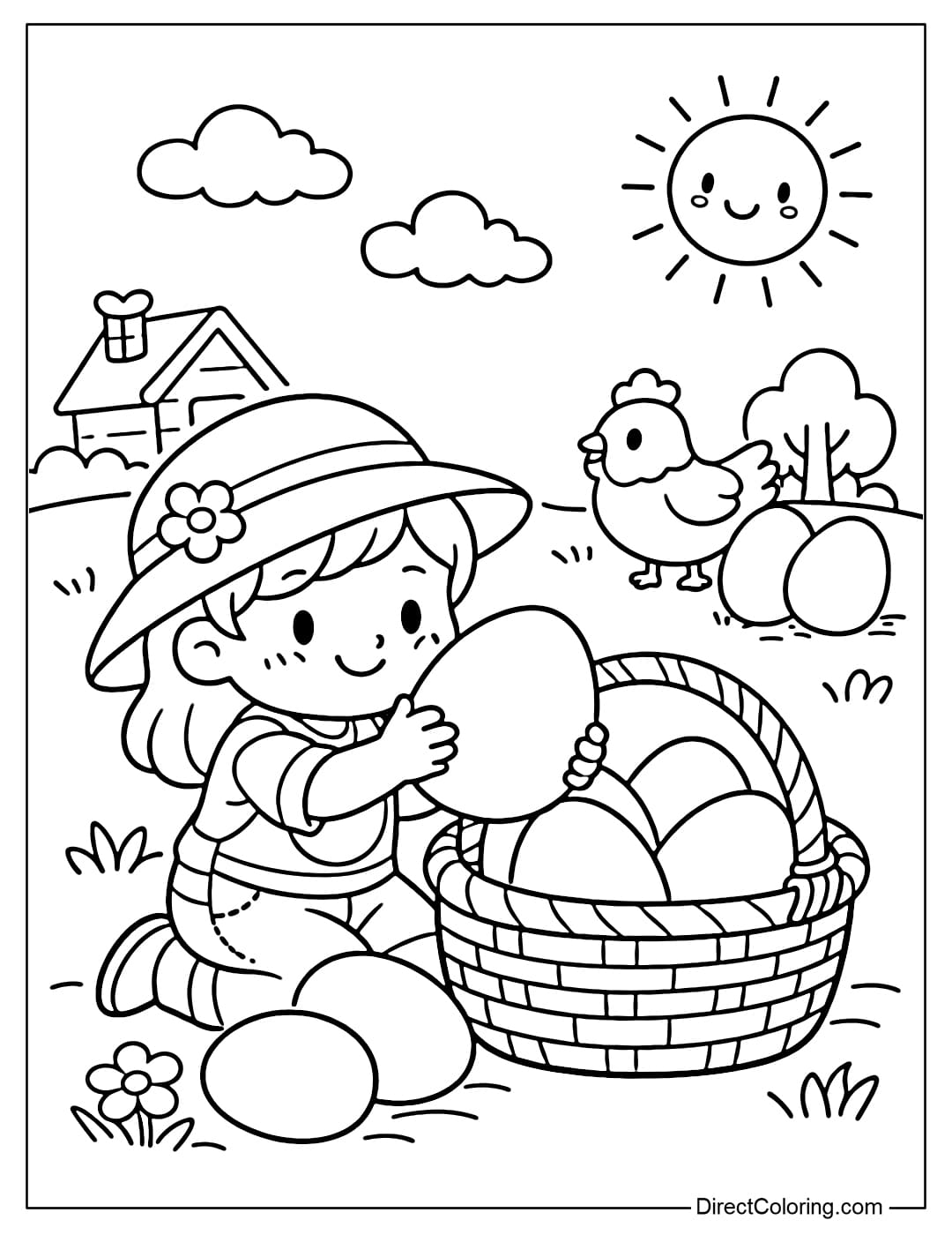 Coloring page of a little girl collecting eggs from a basket with large eggs.
