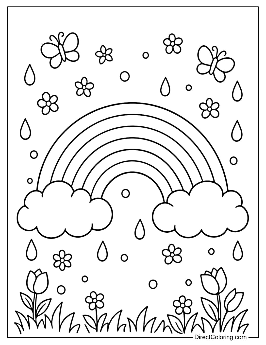 A coloring page featuring a large, curved rainbow with round clouds and spring raindrops surrounding it.
