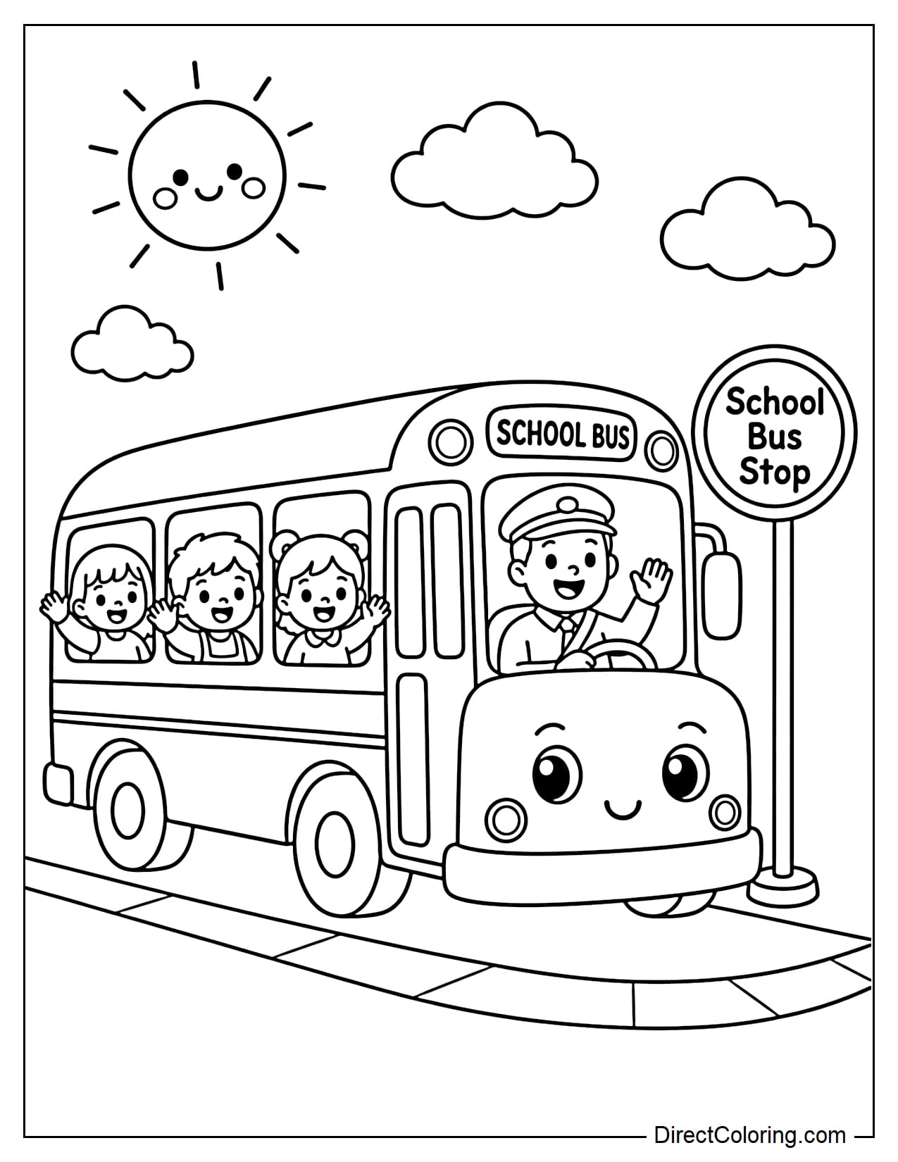 The adorable school bus is stopped at the morning stop, children are waving through the window, next to it is a 