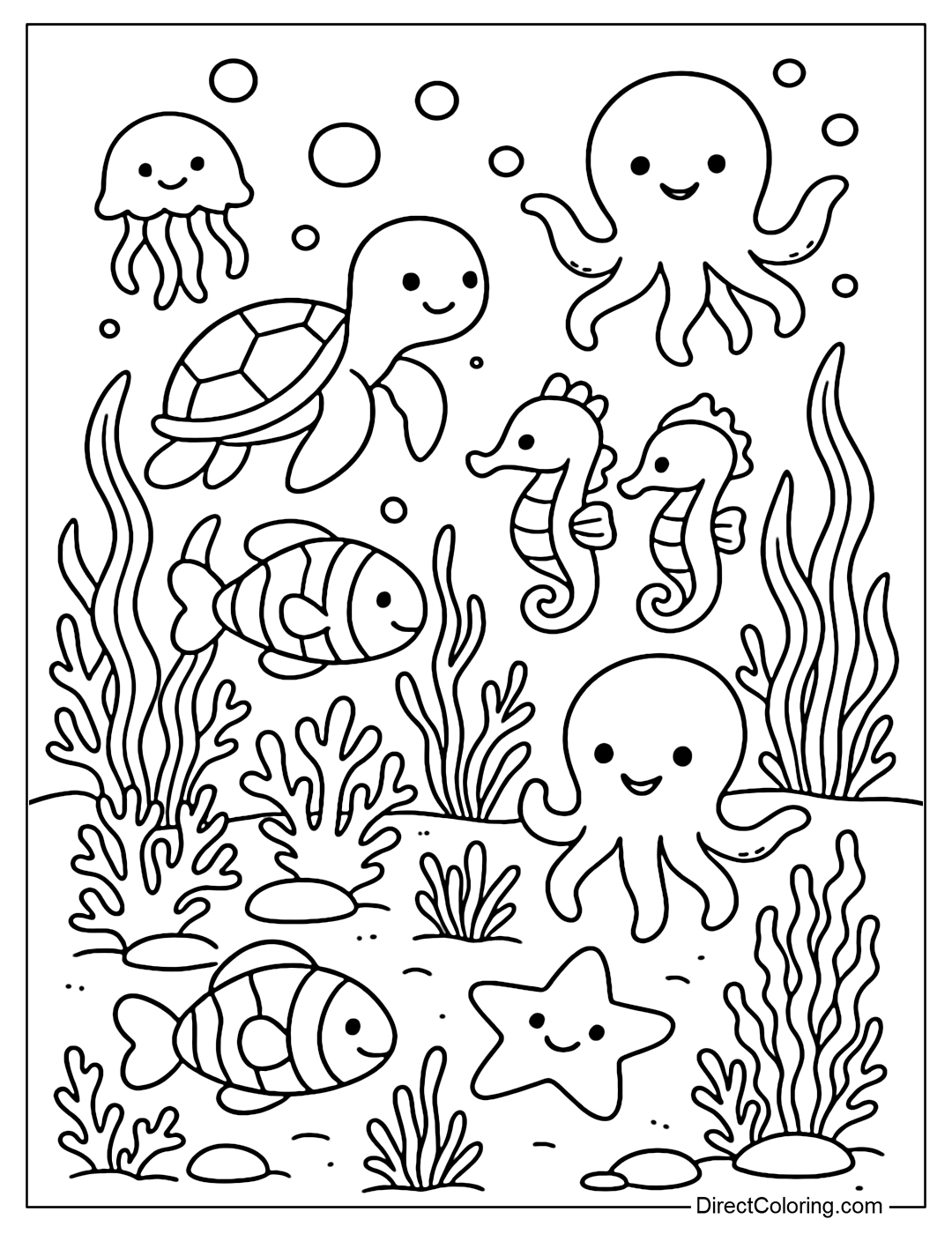 An ocean coloring page bustling with adorable sea creatures