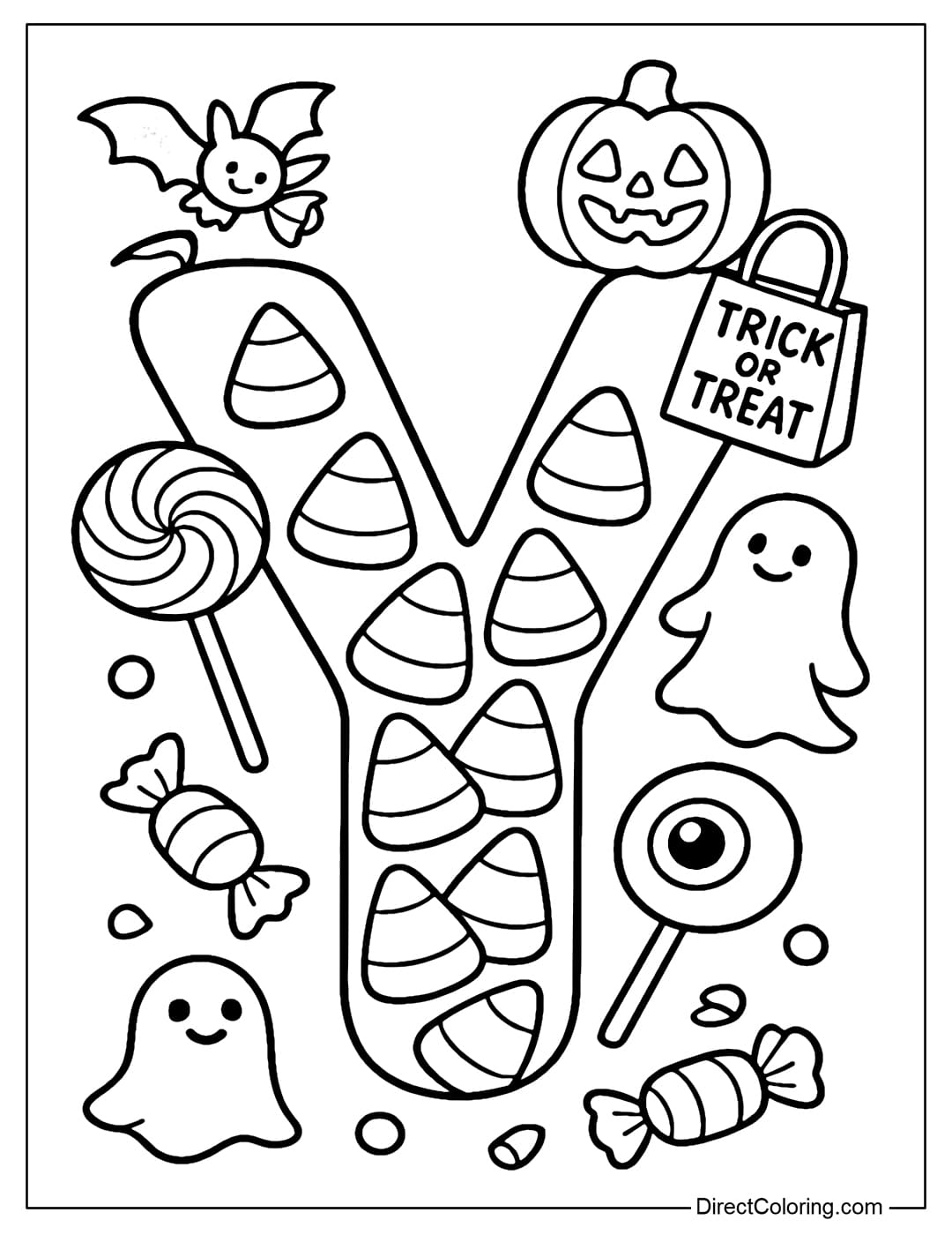The letter Y coloring page is full of Halloween sweets: candy corn, ghost-shaped gummy candies, pumpkin cookies, all bright and cute.