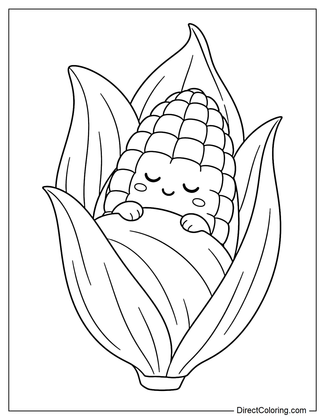 A small cute corn cob sleeps inside large open husk leaves shaped like a cozy bed, with one curved husk gently covering the corn like a blanket.