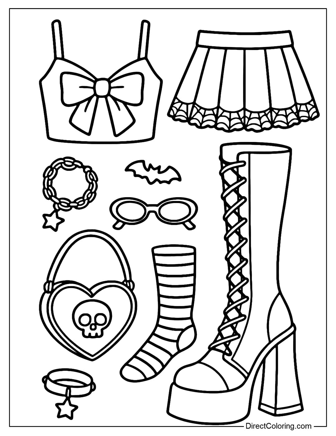 Coloring page for a cute pastel goth outfit including a crop top with a bow, a pleated skirt with spider web lace, knee-high boots with cross-strap buckles, and a mini heart-shaped skull bag.