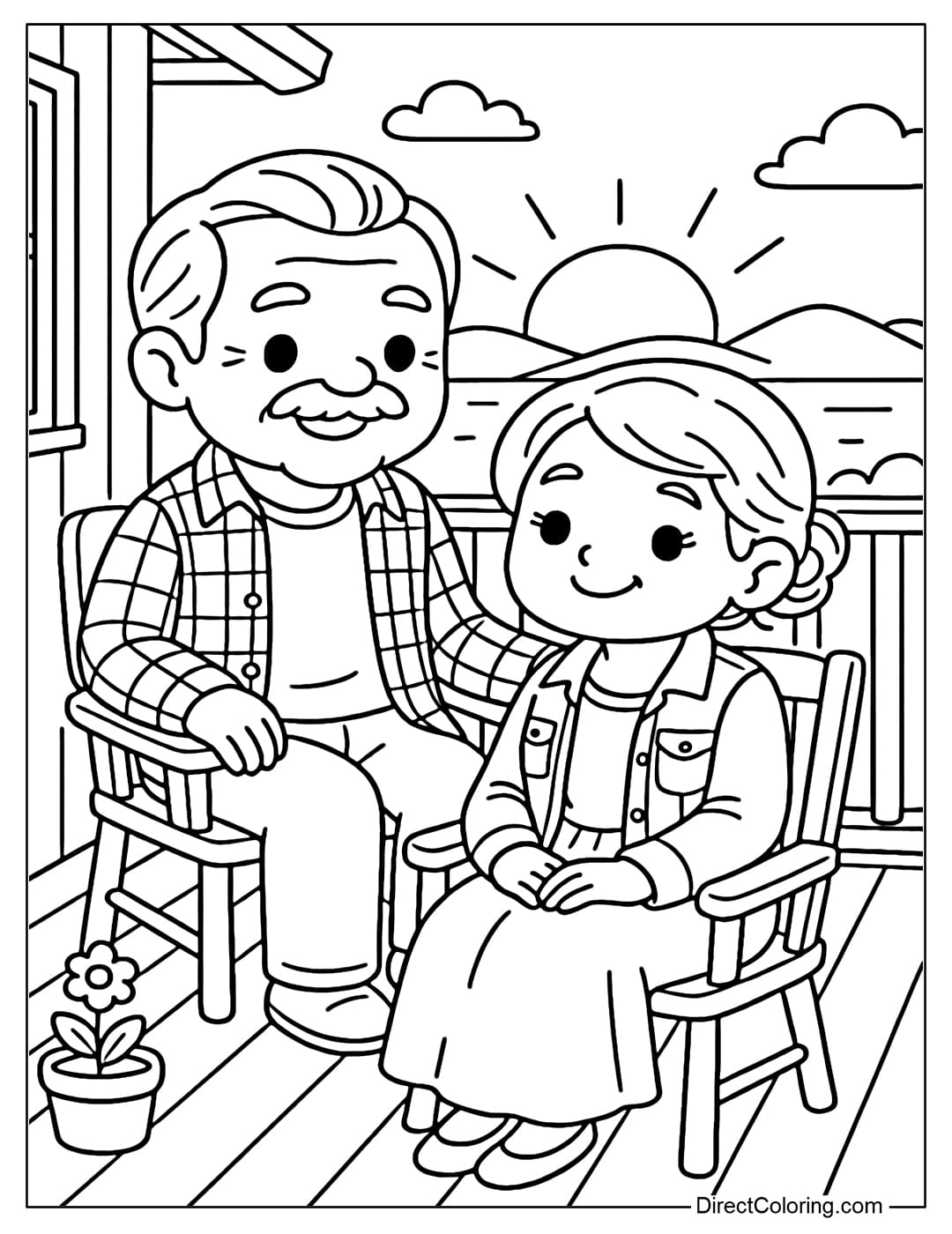 Coloring page of grandparents sitting on the porch, watching the sunset together on the horizon.
