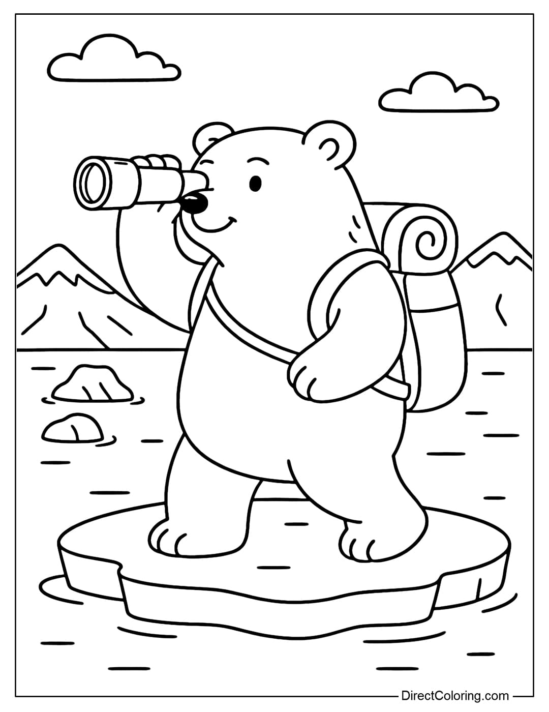 Coloring page of a polar bear with a backpack and binoculars exploring the Arctic.