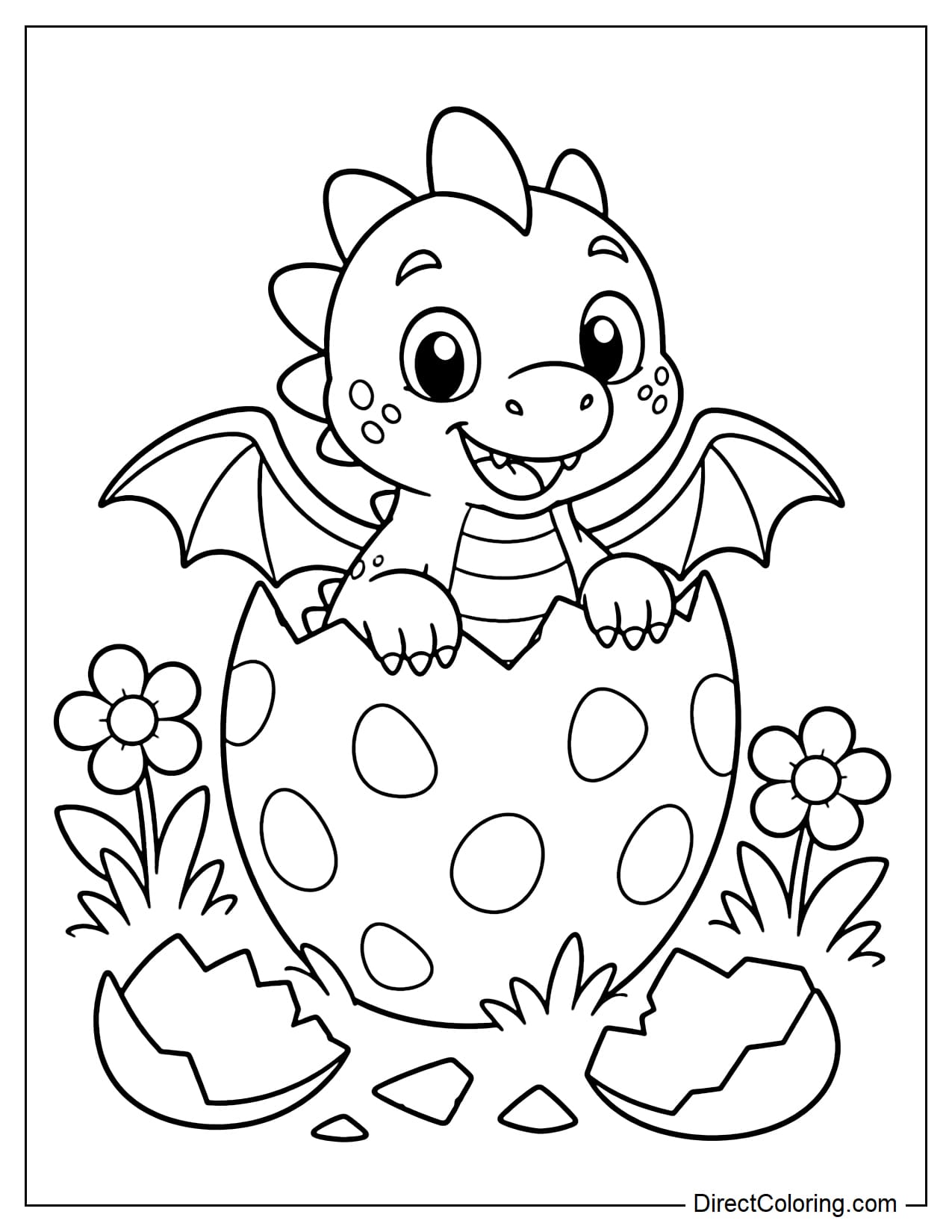 A baby dragon is hatching out of a large egg, with its front feet resting on the cracked shell, small wings, and a happy face. Around it are a few broken eggshell pieces, grass, and flowers.