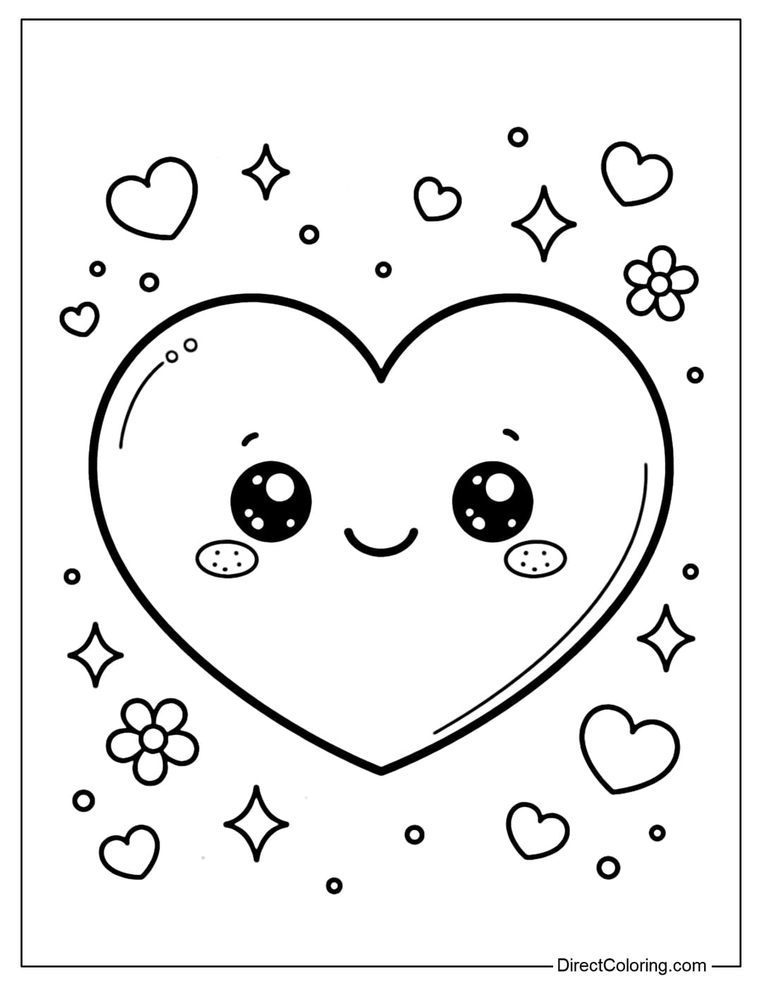 A coloring page featuring cute hearts with smiling faces and round shapes.