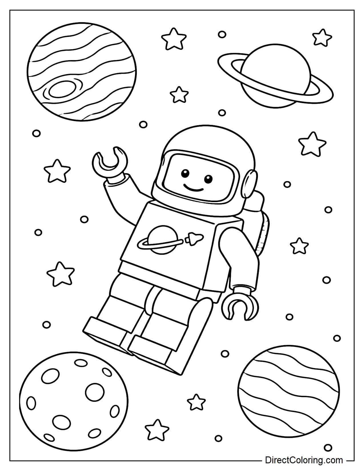 A LEGO astronaut is floating gently in space with several large round planets and stars around him.