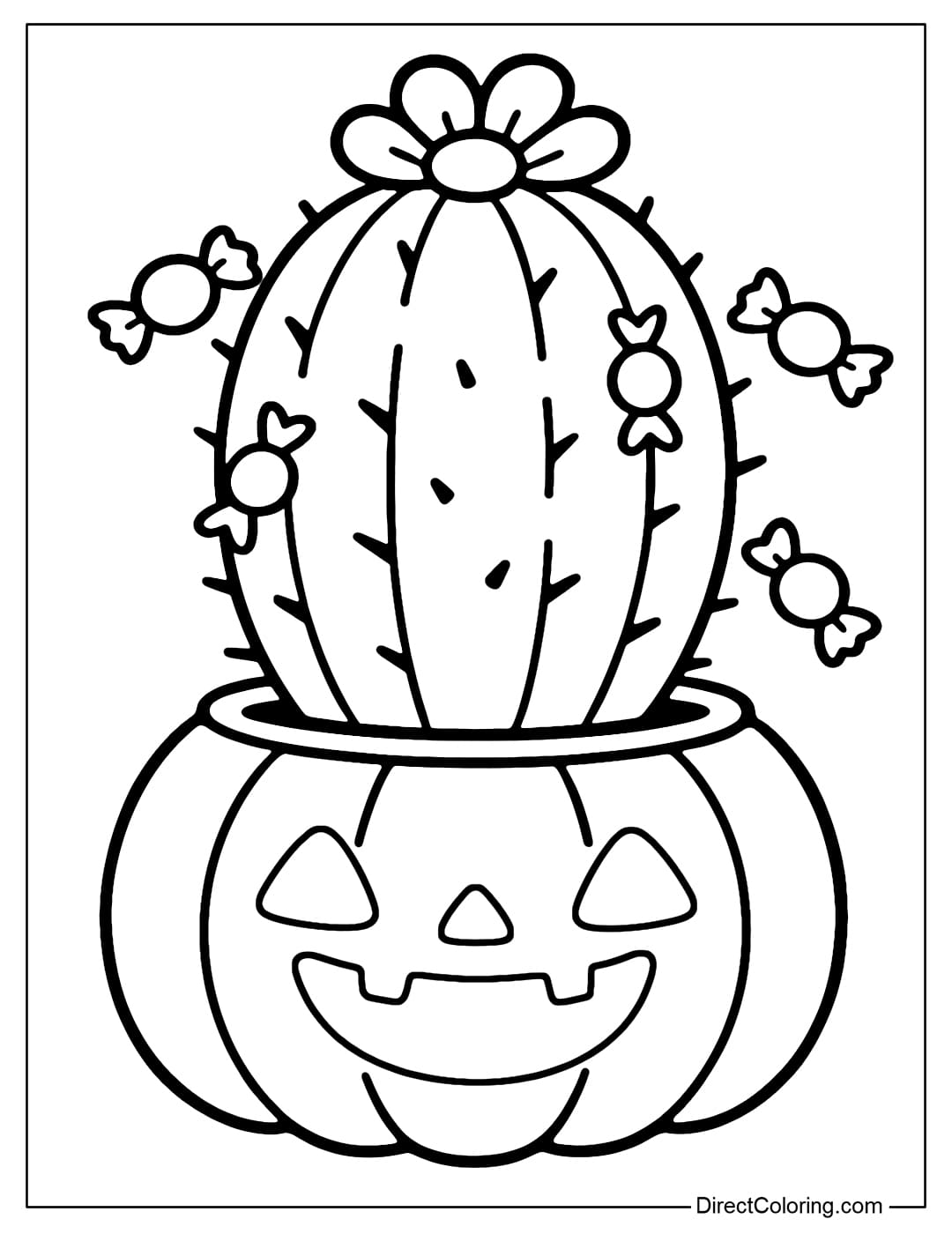 Jack-o'-Lantern pumpkin flower pot coloring page, with a few thorns on the cactus body that turn into small candies
