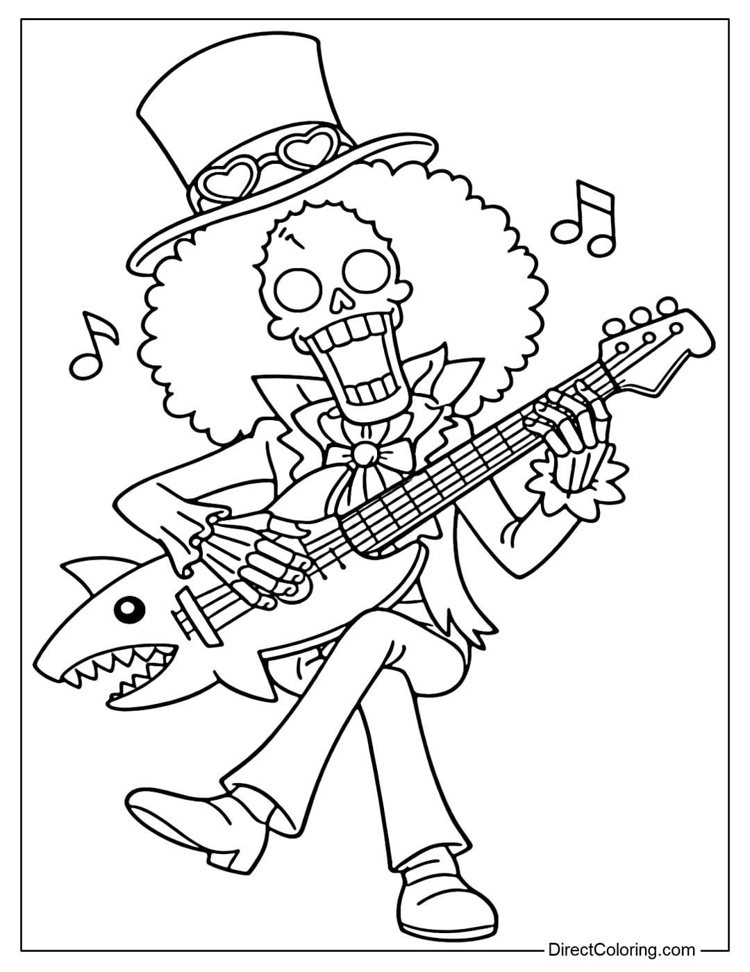 Soul King Brook is performing energetically with a shark-shaped guitar, wearing a cowboy hat and his signature afro hairstyle, surrounded by musical notes.