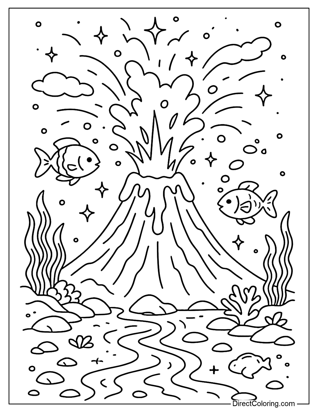 Coloring page of a volcano erupting brightly in the seabed, with algae and creatures sparkling around.
