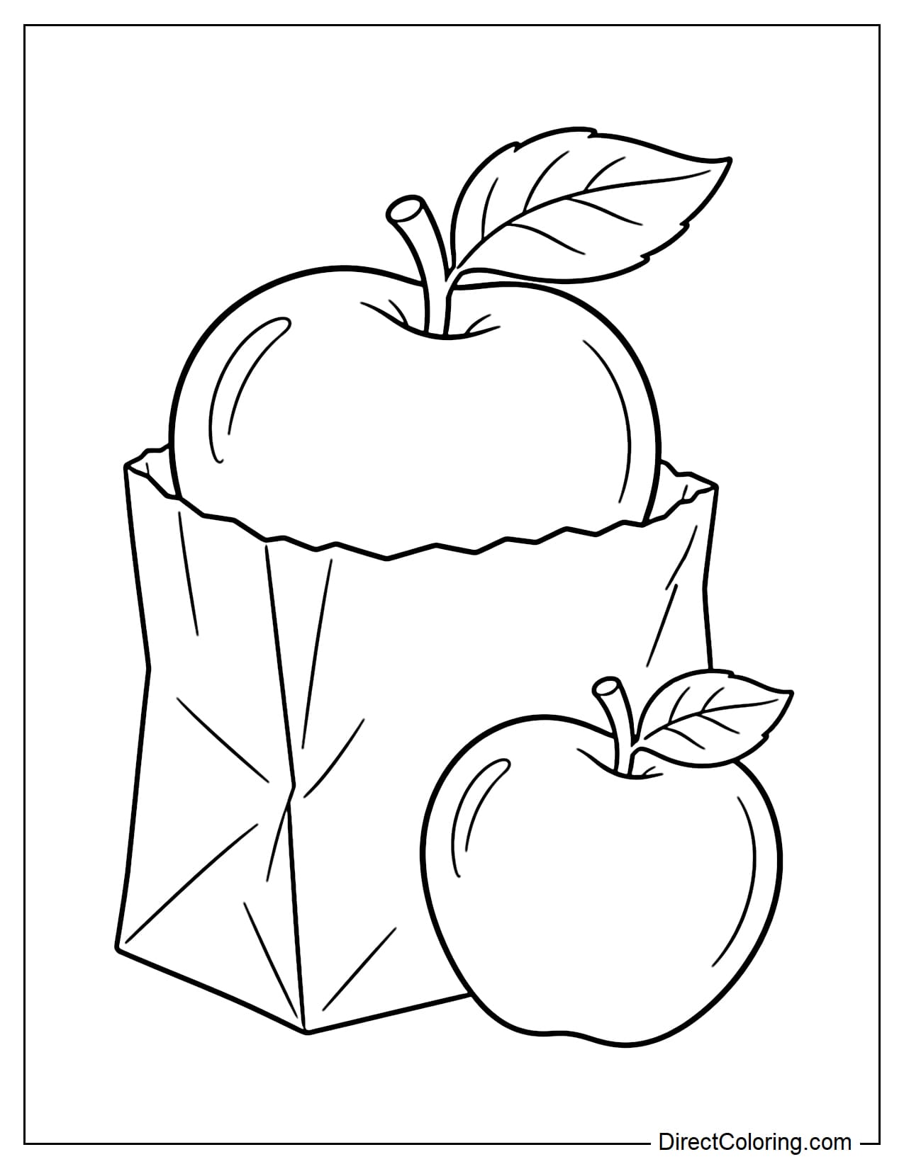 A large apple with a stem and leaf sticking prominently out of a small paper bag, with a smaller apple resting beside the bag.