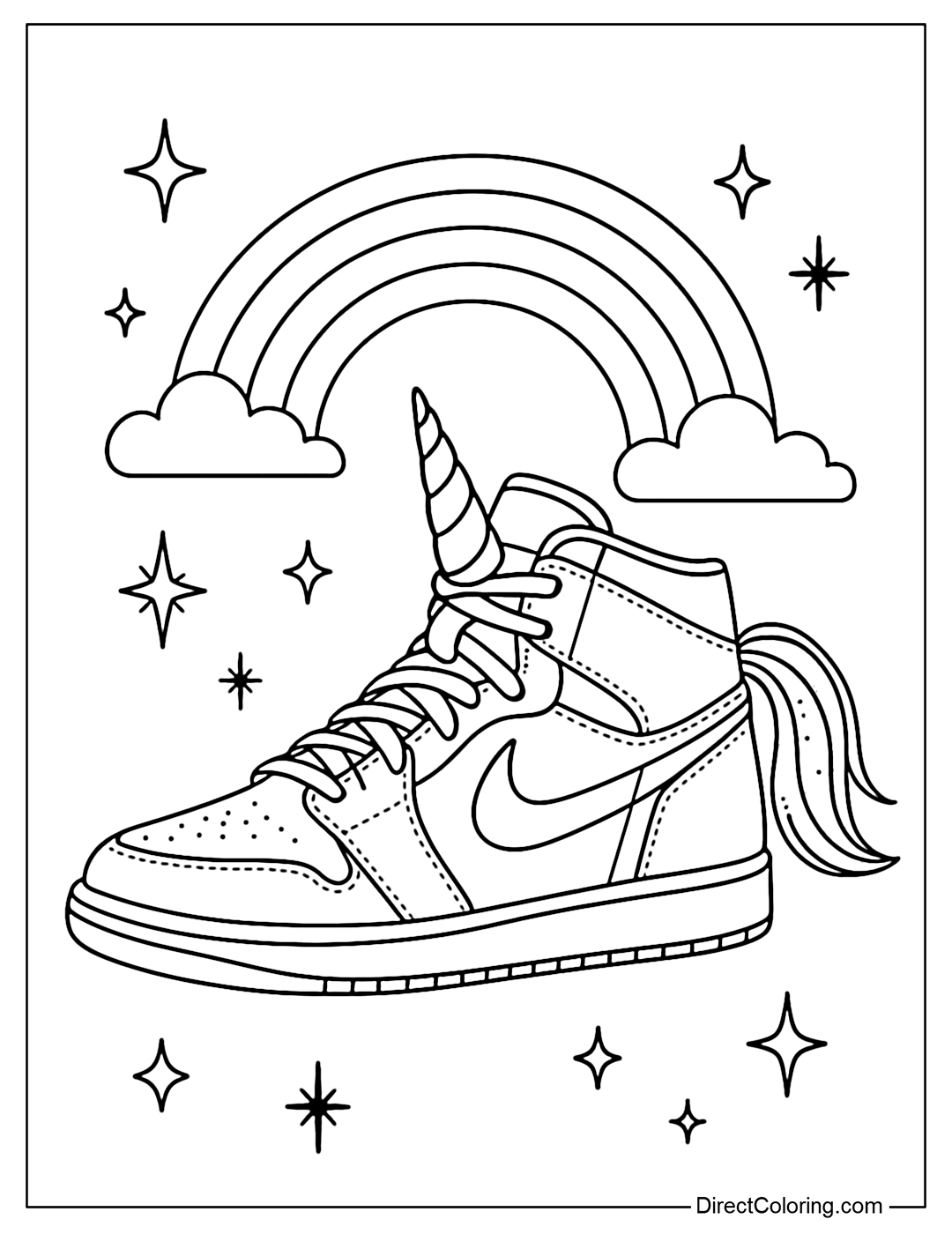 A Nike sneakers coloring page decorated with a unicorn horn, a sparkling tail, and simple background stars and rainbows.