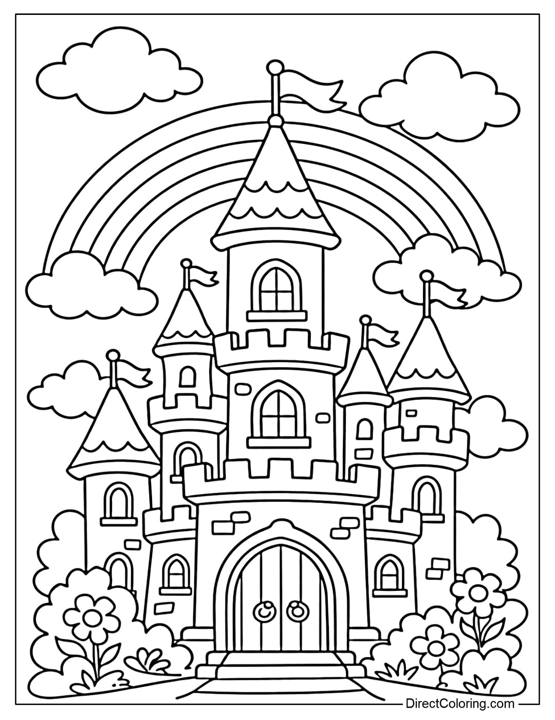 Coloring page of a cute fairy tale castle with many small towers and a flag flying on top, with a rainbow and clouds in the background.