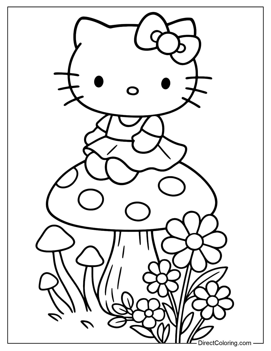 Hello Kitty coloring page sitting on a giant mushroom, surrounded by a cluster of small mushrooms and a cluster of flowers.