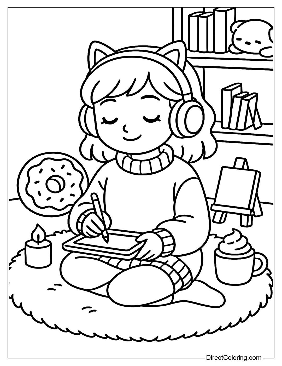 Coloring page of a girl wearing an oversized sweater sitting on a fluffy round rug, wearing cat-ear headphones, drawing in a notebook.