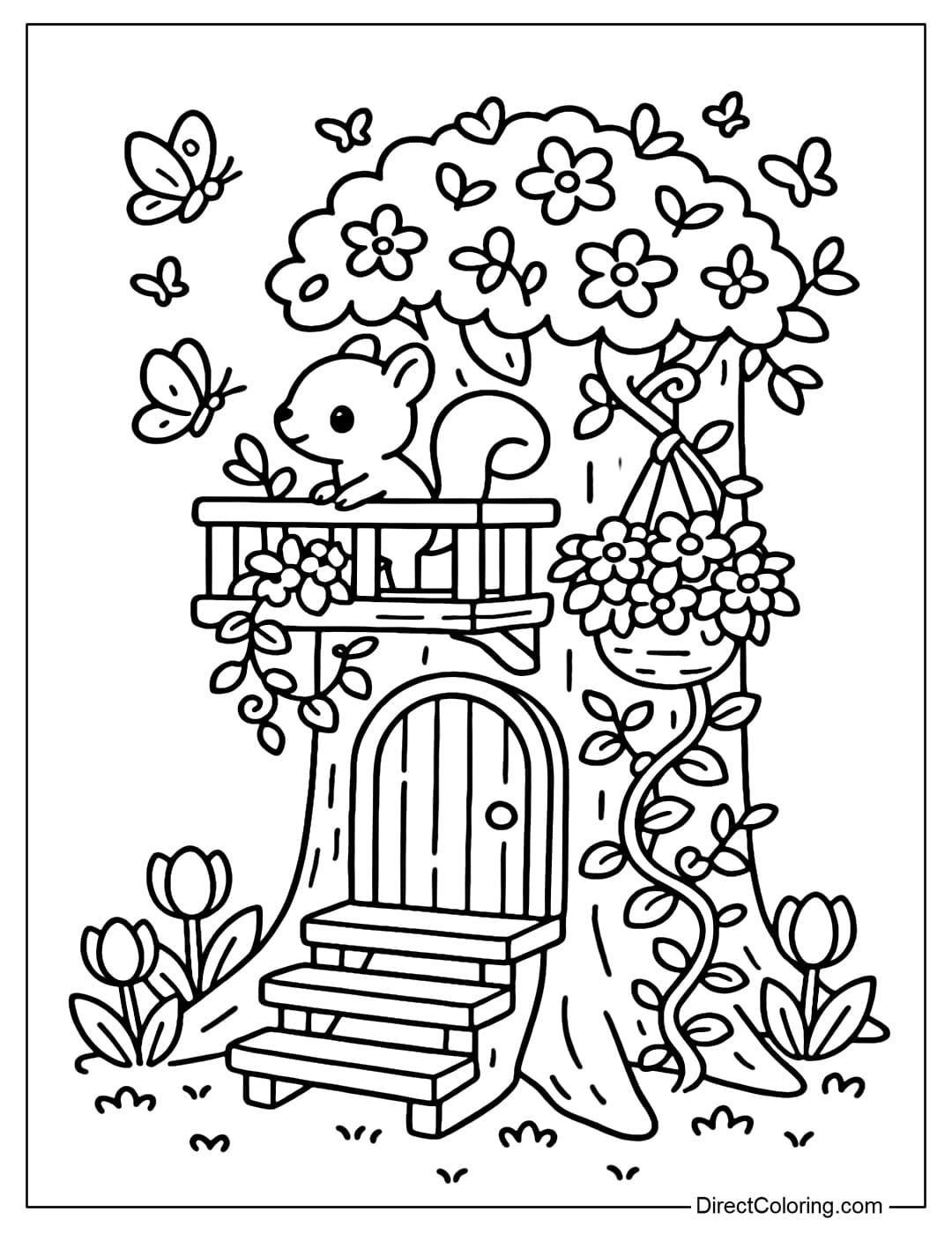 Tree Stump with Flowers Coloring Page Tree stump coloring page with a small wooden balcony on the second floor, hanging colorful flower baskets, vines wrapped around the tree stump.