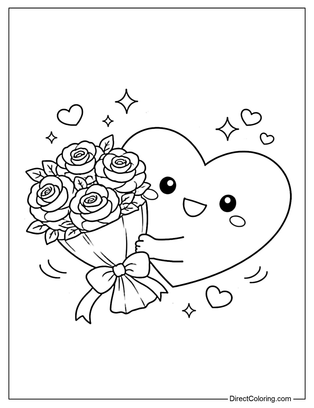 A coloring page of a heart holding a bouquet of roses with large petals.