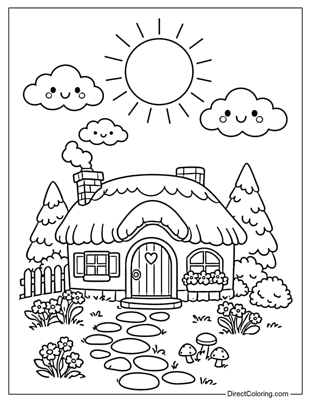 Coloring page of a small cottage with a round sun above and some cute clouds.