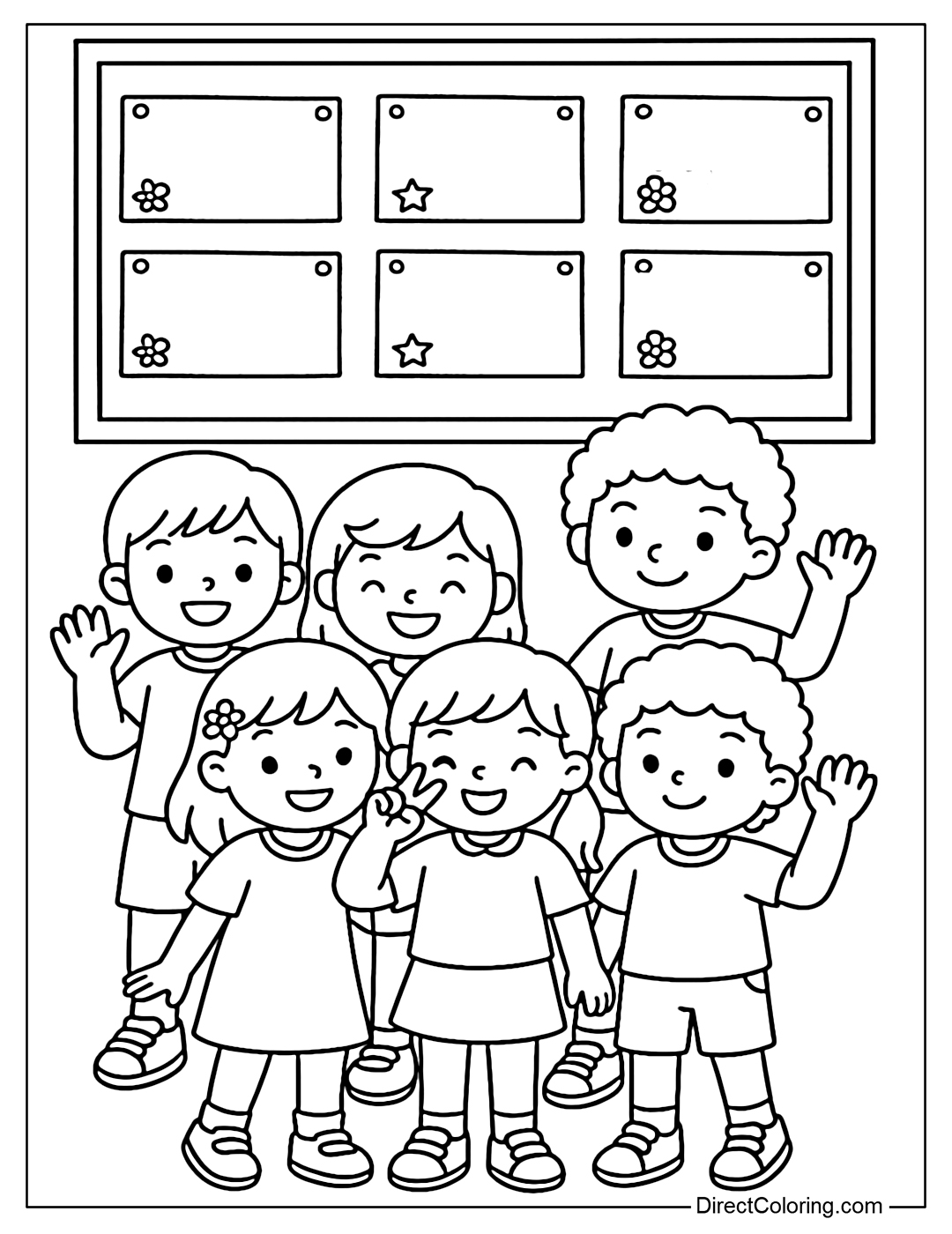 Coloring page with a group photo of your classmates with happy faces, behind is a class board with each person's name.