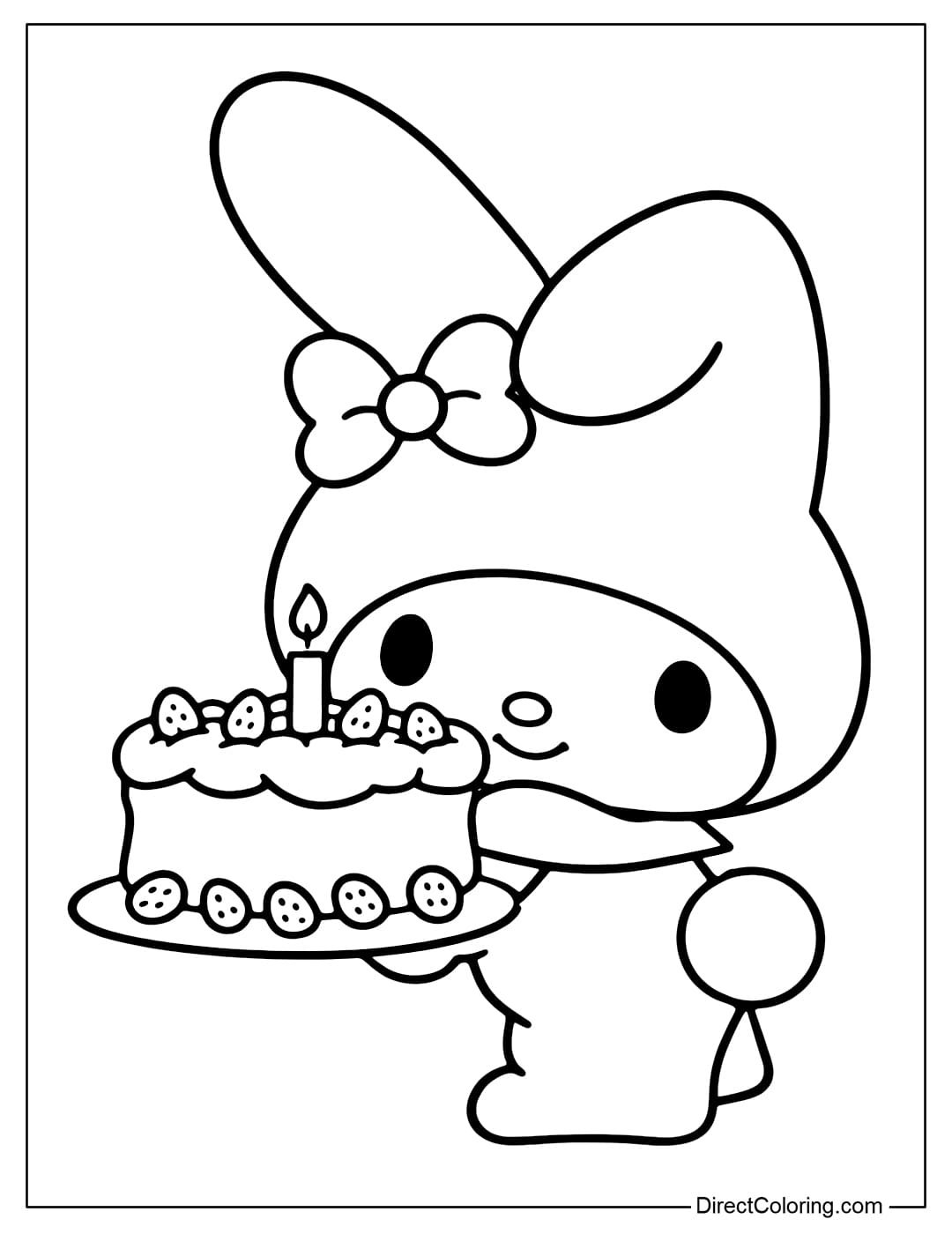 My Melody is holding a small birthday cake with sparkling candles and strawberry slices.