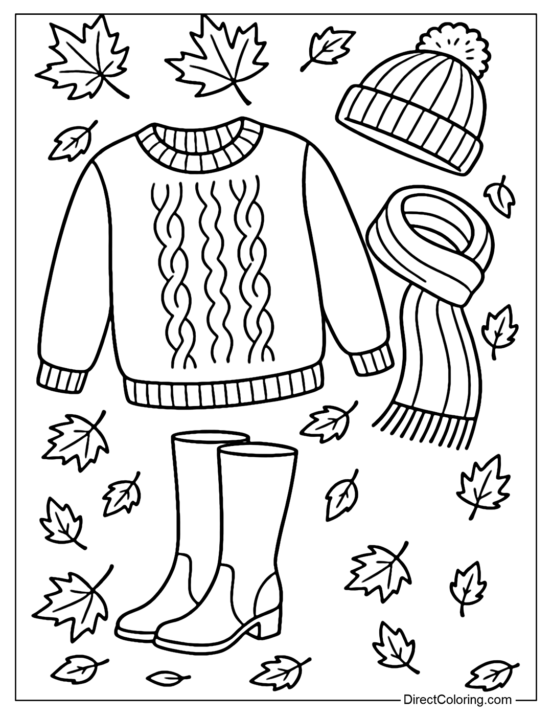 Autumn outfit coloring page including sweater, scarf, beanie, high boots, maple leaves falling around.