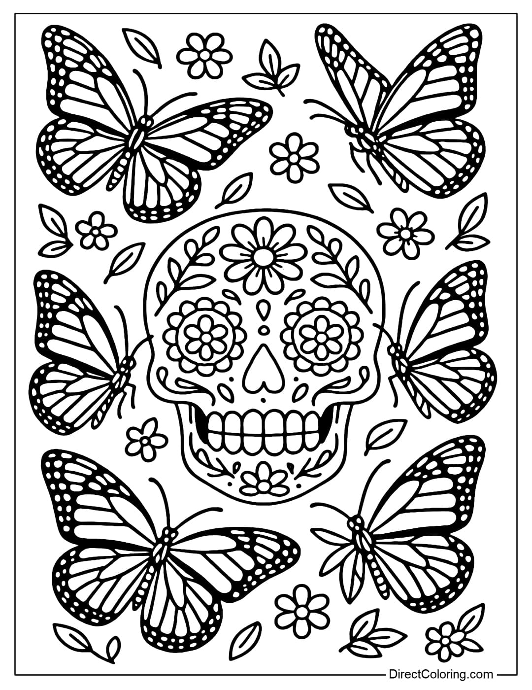 A coloring page of Monarch butterflies flying around a skull decorated with flowers, symbolizing the return of a loved one's soul.