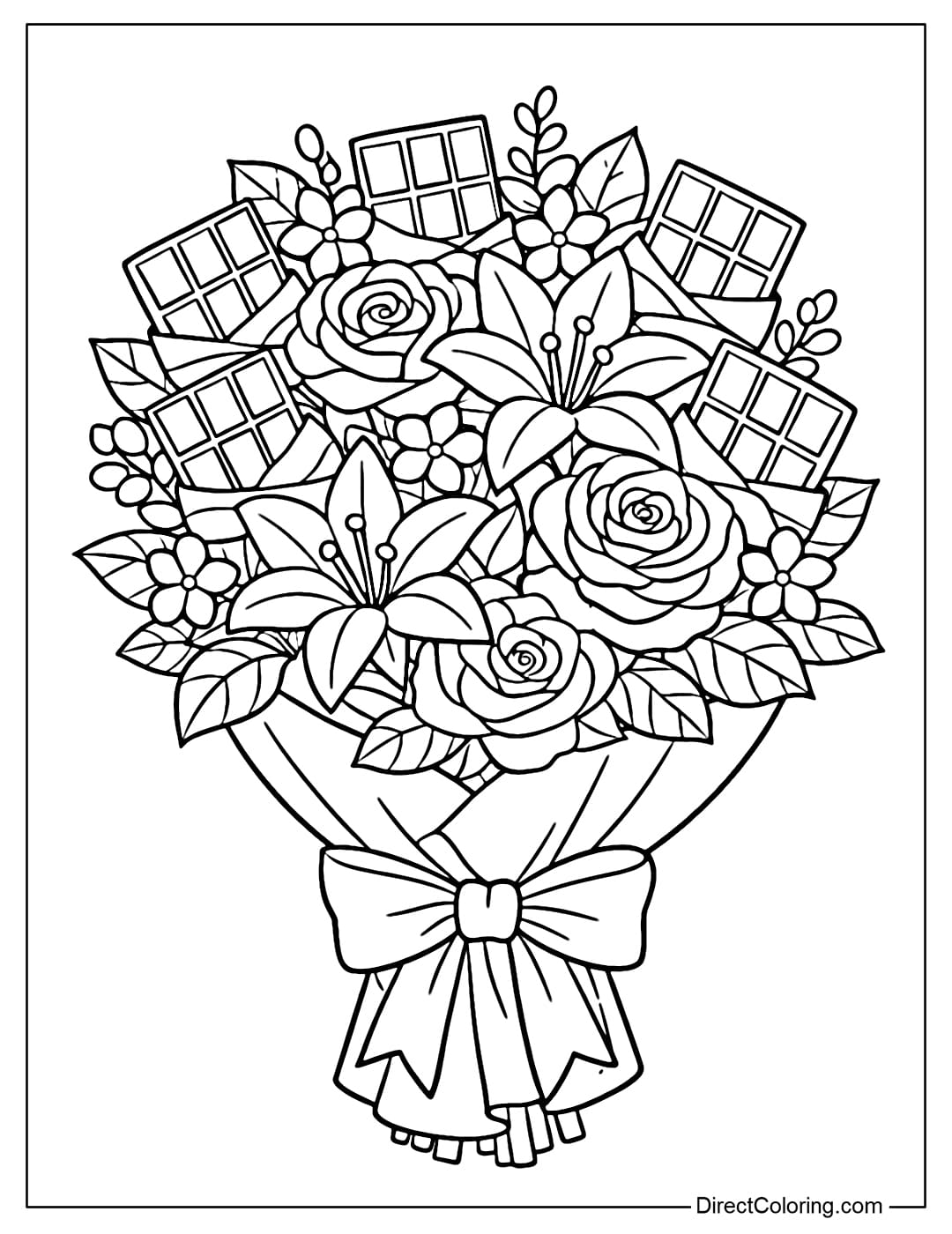 Coloring page of a bouquet combining chocolate and fresh flowers, with chocolate bars interspersed among the flowers.