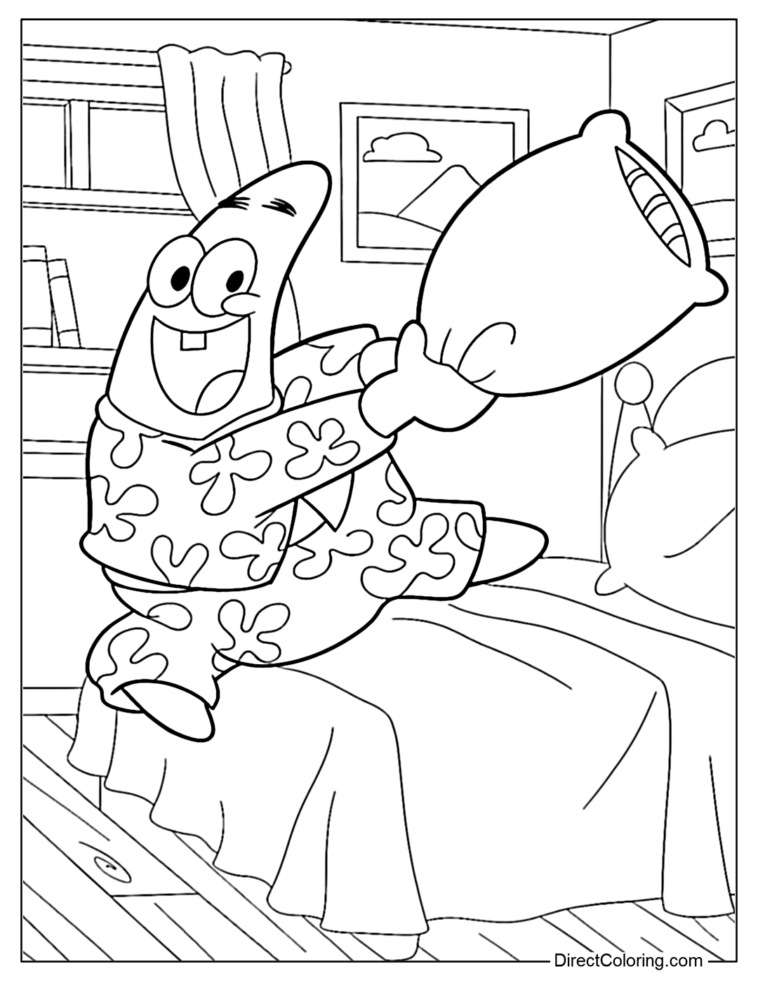 Patrick Coloring Page is wearing colorful pajamas and happily swinging a pillow, ready for a fun pillow fight.