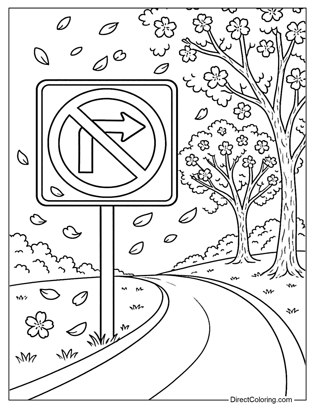 The no right turn sign coloring page is located next to a road covered with cherry blossoms flying in the wind, the petals gently swirling around the sign as a gentle reminder.