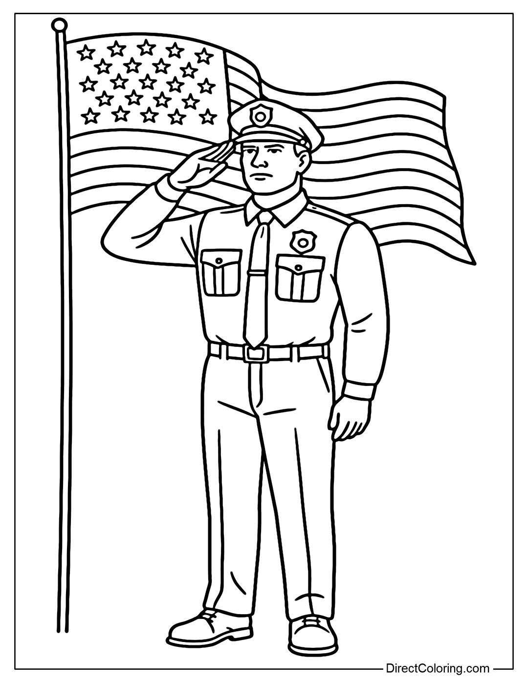 Coloring page of an American police officer in a flag-saluting posture, standing tall, behind is the American flag fluttering, symbolizing patriotism and bravery.