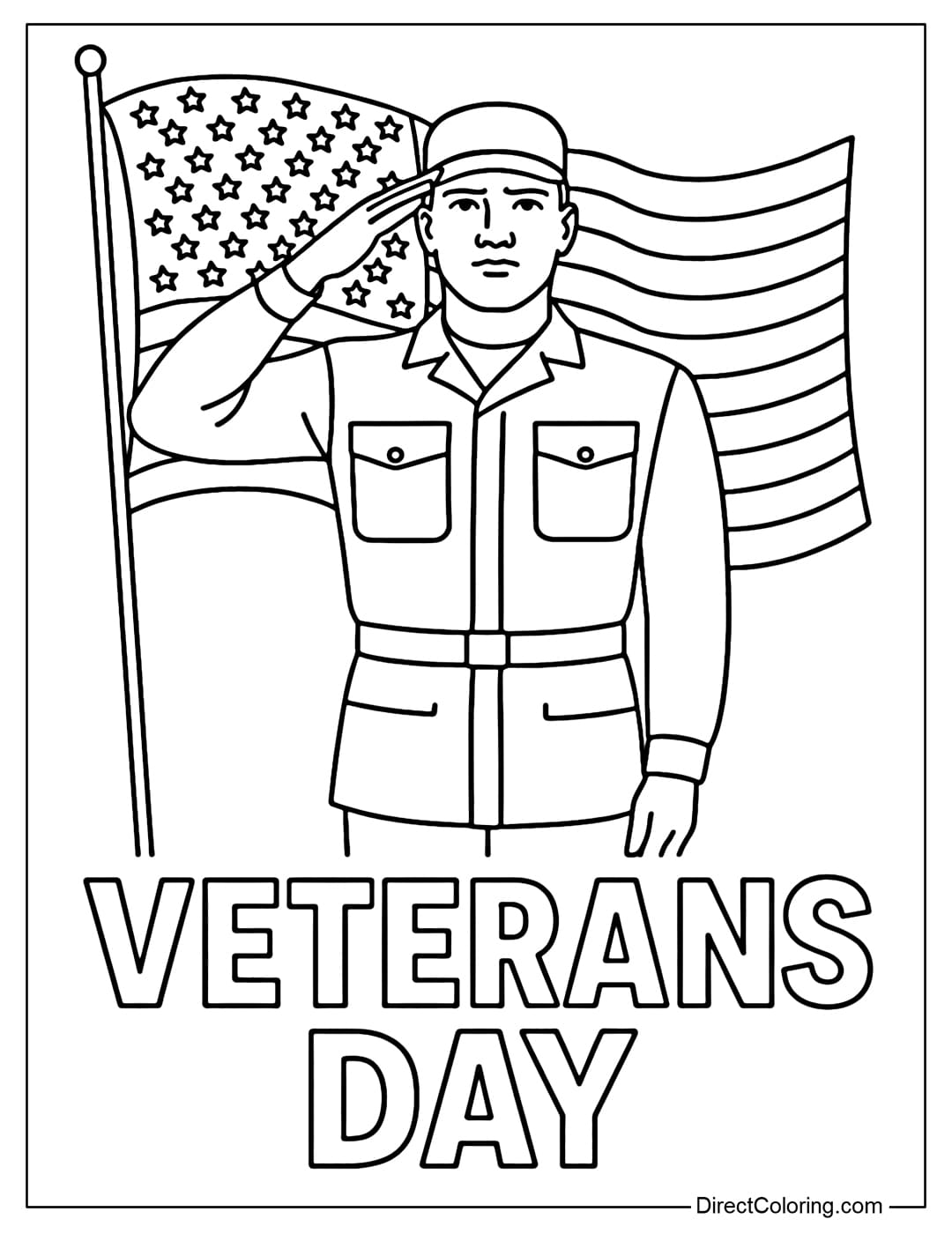 A coloring page of a soldier in uniform standing tall, saluting with an American flag waving behind him. Below the image is a large 
