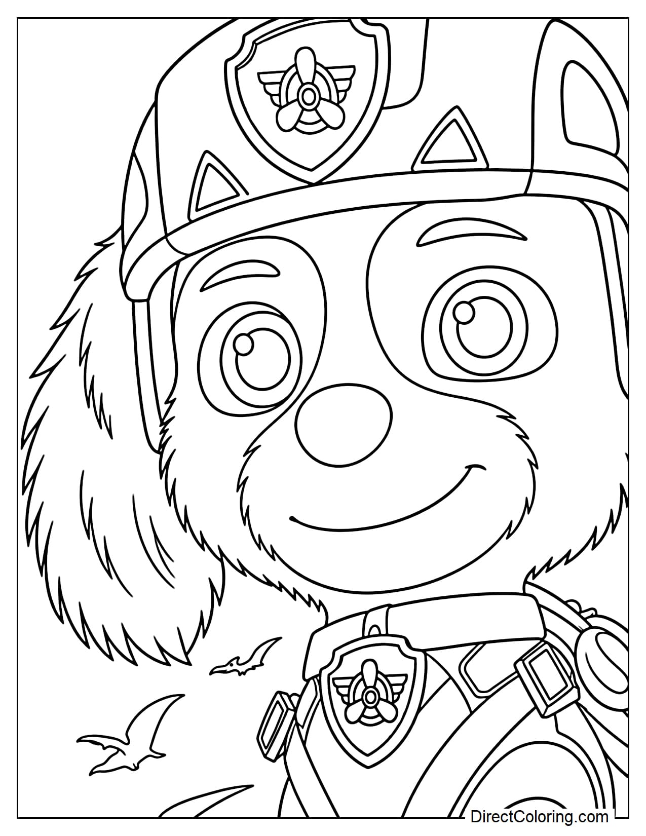 Skye smiles confidently in her Dino Movie flight gear, with her pilot helmet, badge, and a few flying dinosaurs in the background.