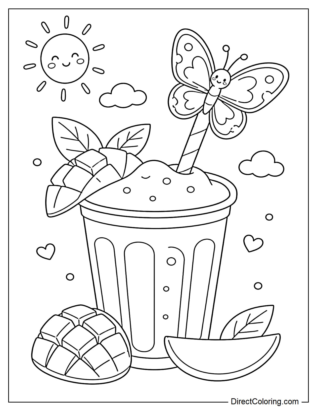 A mango smoothie with a large butterfly perched on the straw, combined with a simple mango slice.