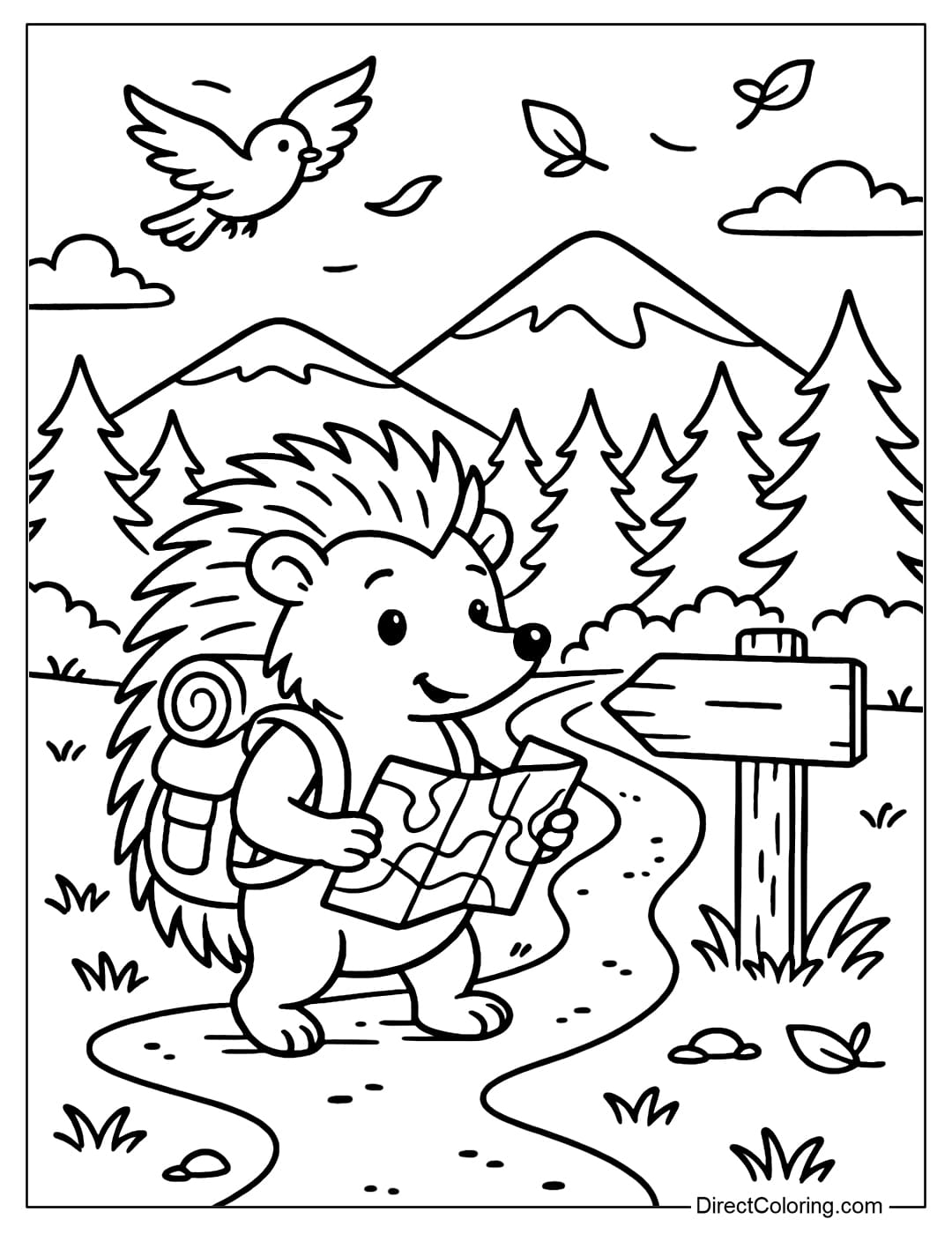 Traveler Hedgehog Coloring Page Coloring page of a hedgehog carrying a backpack and a map, ready for an adventure.