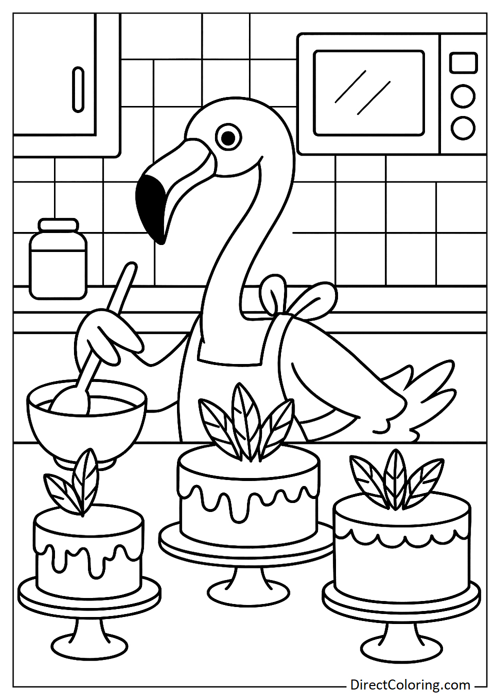 Flamingo making cakes in the kitchen coloring picture