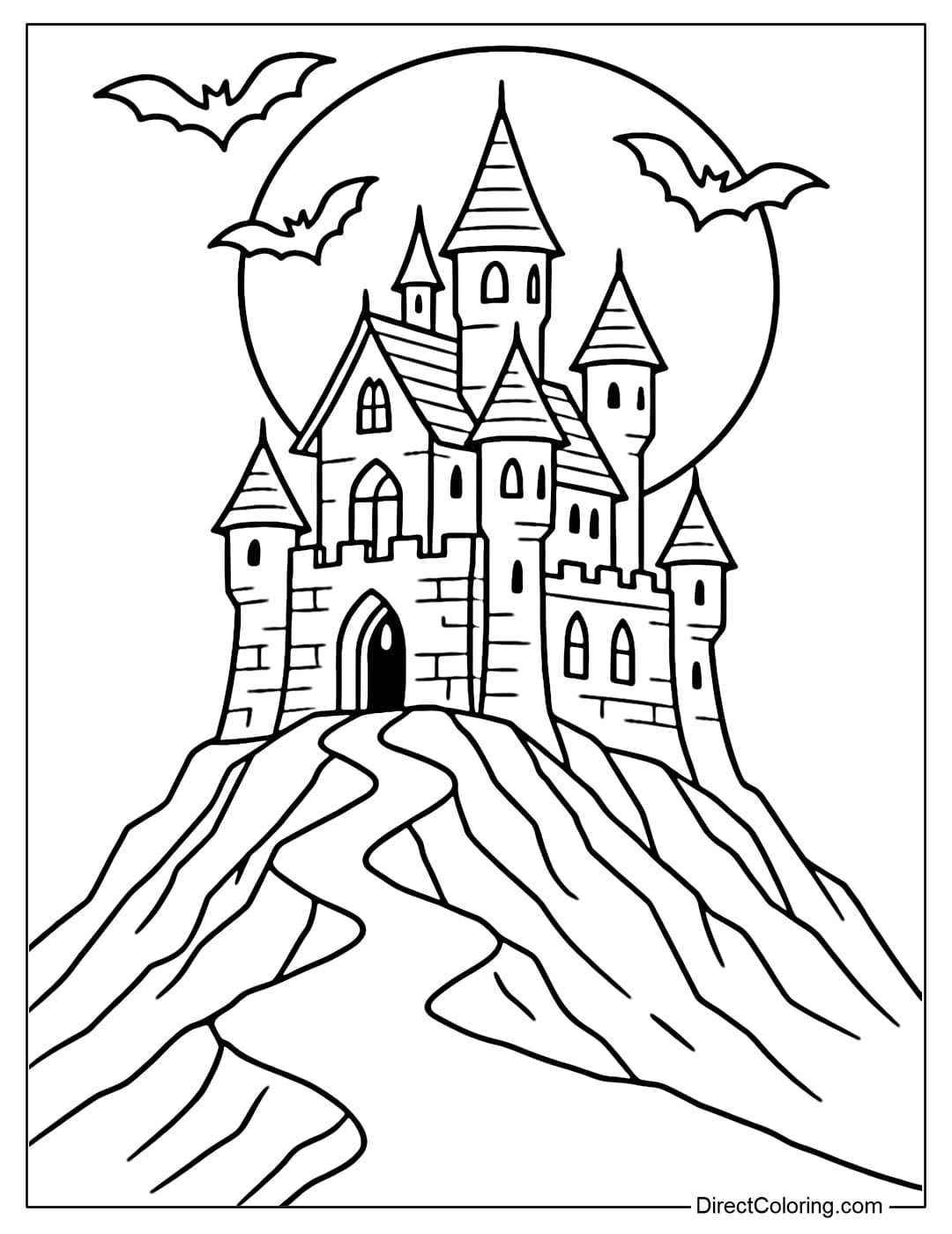 Vampire Castle Night Coloring Page Vampire castle coloring page on the mountain top, the red moonlight behind, the windows shining brightly as if there were eyes watching.