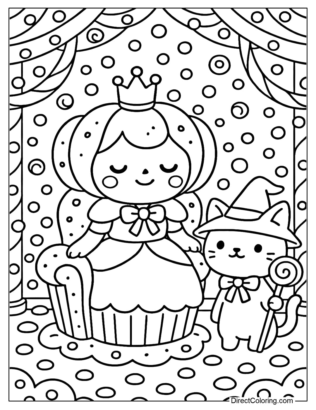 Coloring page of the Candy Pumpkin Queen's throne hall, the throne is made of cupcakes, the witch cat stands beside it.